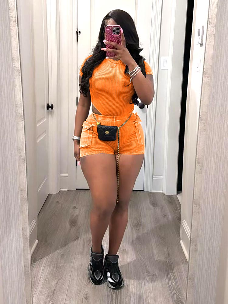 Ribbed Washed Bodysuit Shorts Set