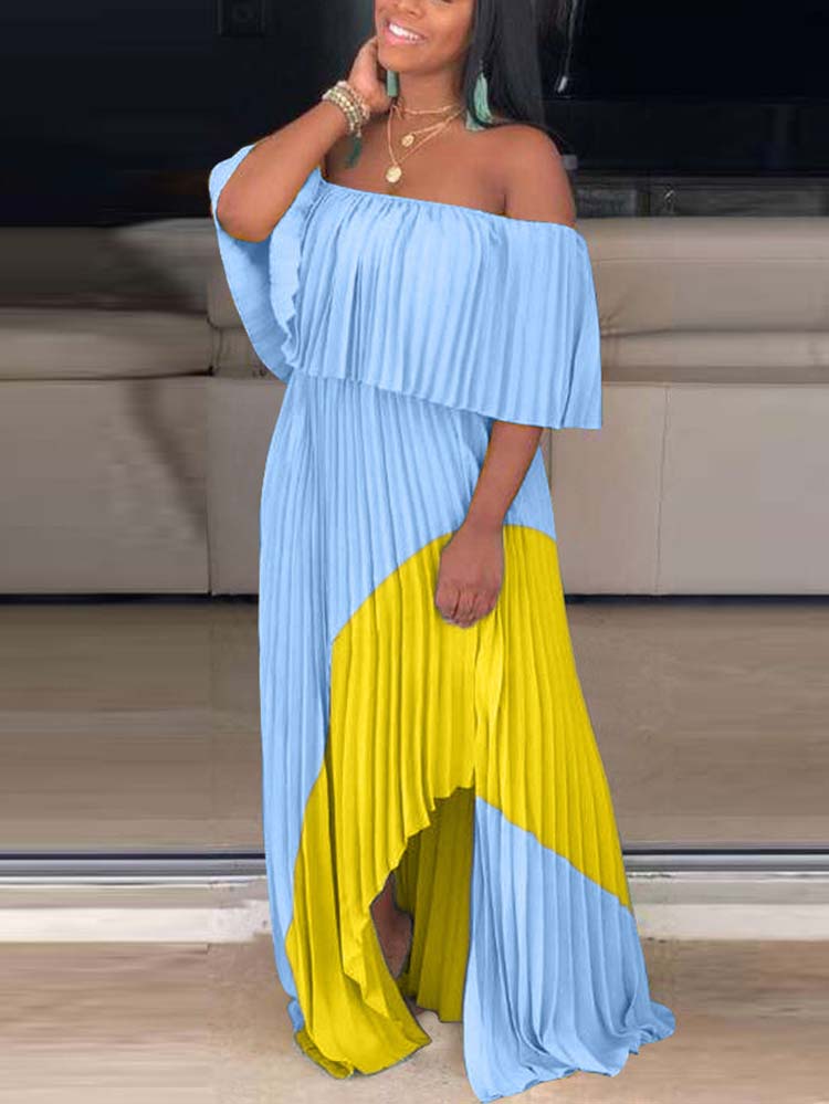 Off Shoulder Ombre Pleated Maxi Dresses