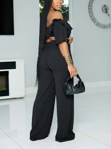 Ruffle Crop Top  Wide Pants Set