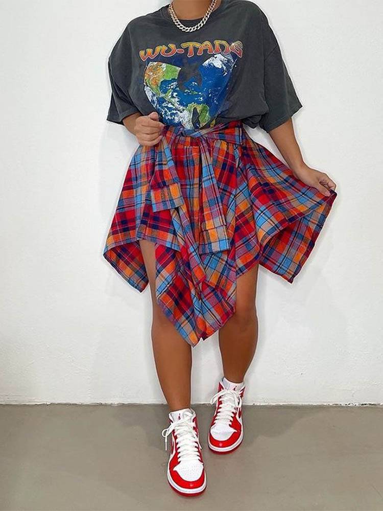 Asymmetric Plaid Midi Skirts