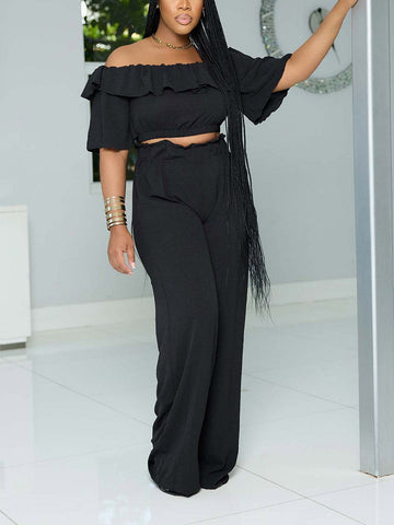 Ruffle Crop Top  Wide Pants Set