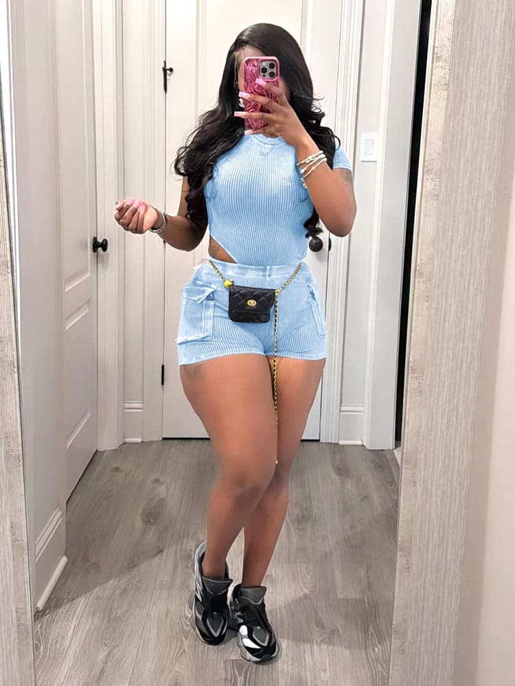 Ribbed Washed Bodysuit Shorts Set