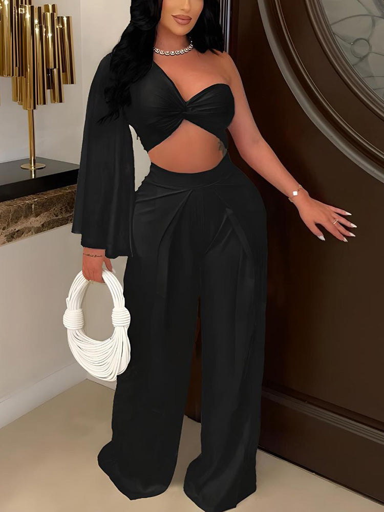 One Shoulder Top  Wide Pants Set