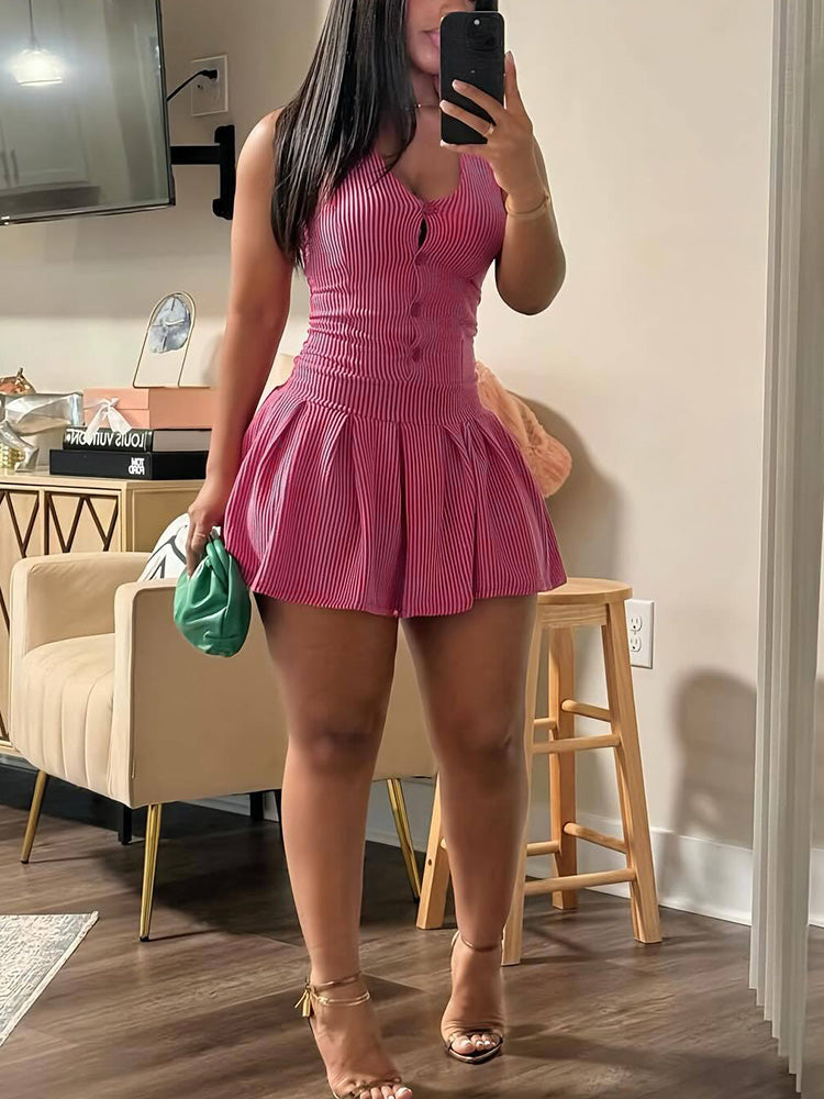 Button Halter Backless Skort Dresses