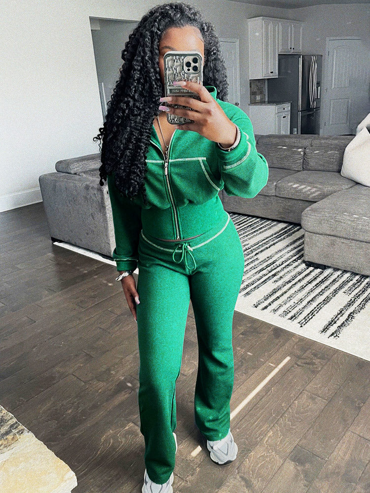 Waffle Jacket  Flare Pants Set
