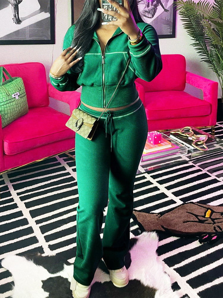 Waffle Jacket  Flare Pants Set