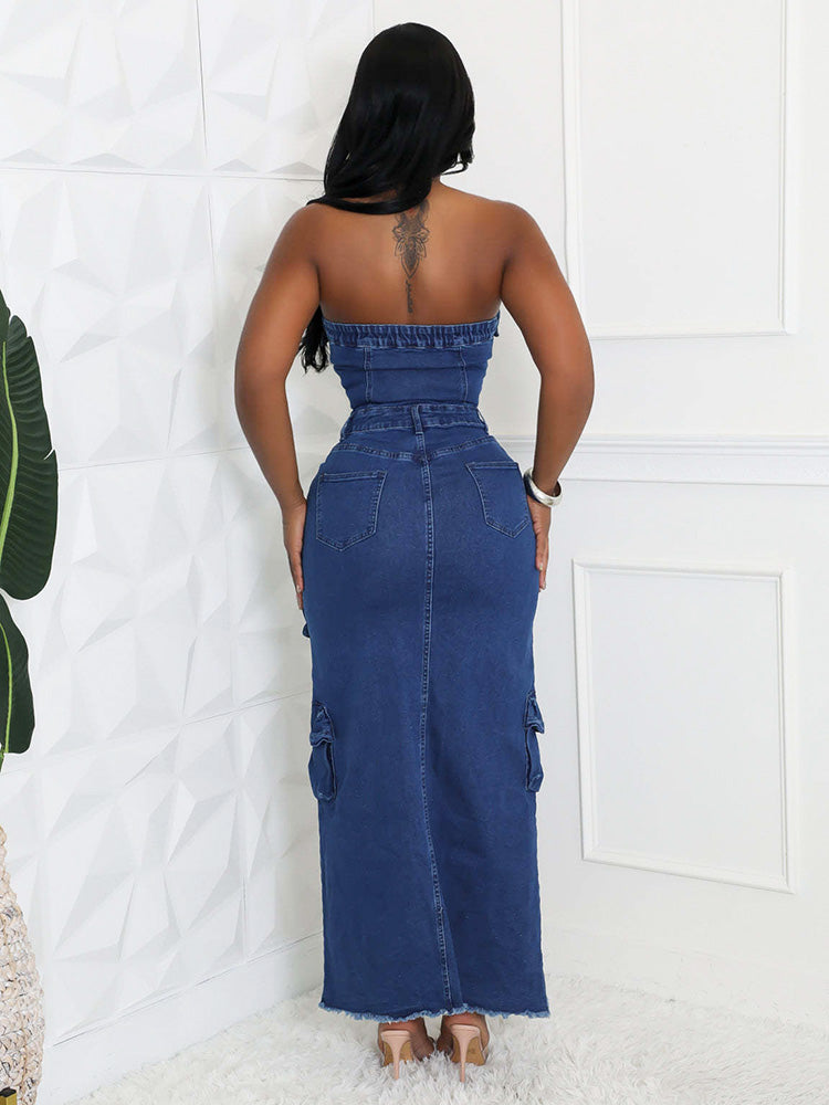 Denim Strapless Cargo Dresses