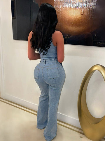 One Shoulder Denim Jumpsuits