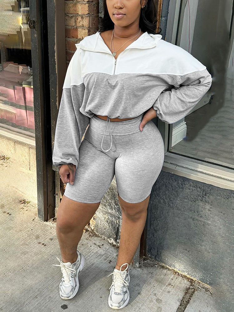 Half Zip Hoodie Biker Shorts Set