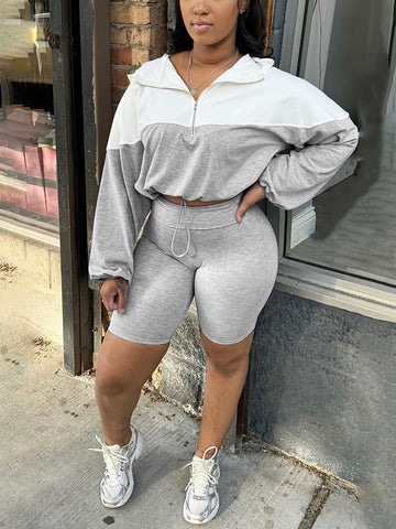Half Zip Hoodie Biker Shorts Set