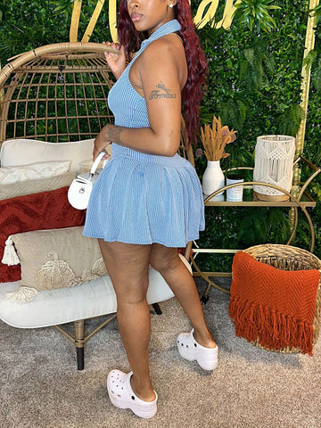 Button Halter Backless Skort Dresses