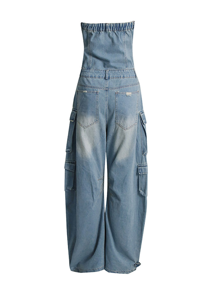 Denim Strapless Cargo Jumpsuits