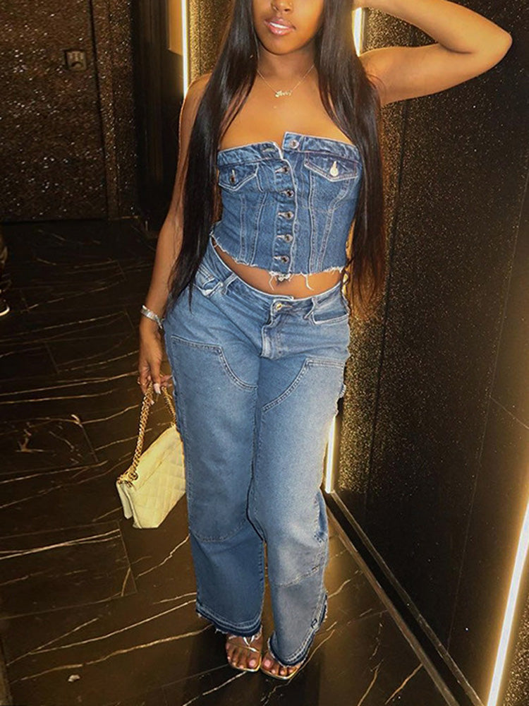 Strapless Button Denim Crop Tops