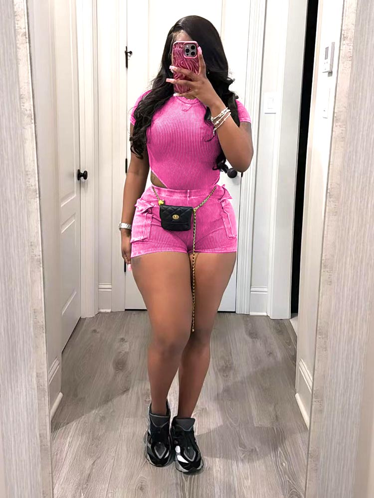 Ribbed Washed Bodysuit Shorts Set