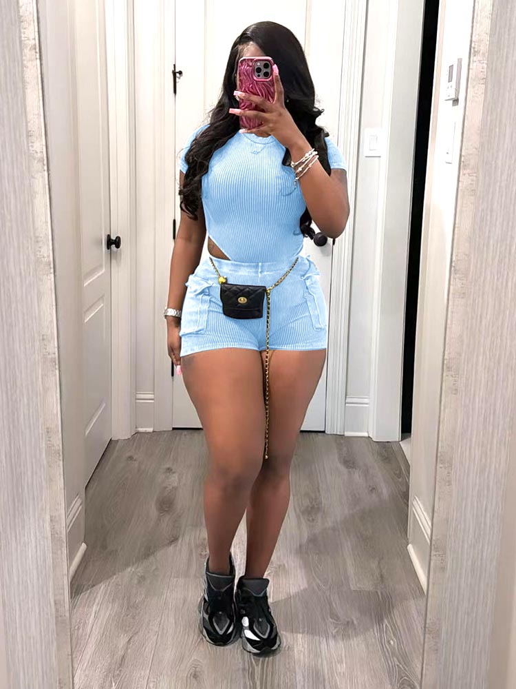 Ribbed Washed Bodysuit Shorts Set