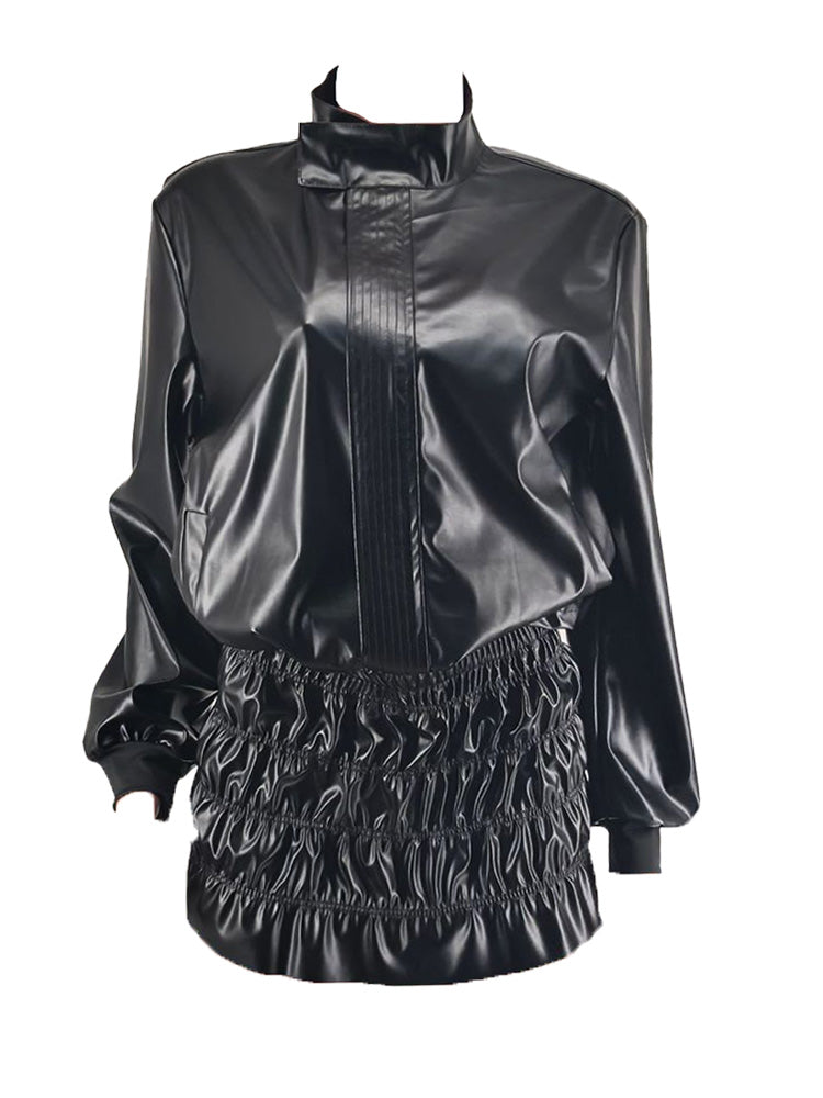 Leather Jacket  Ruched Skirt Set