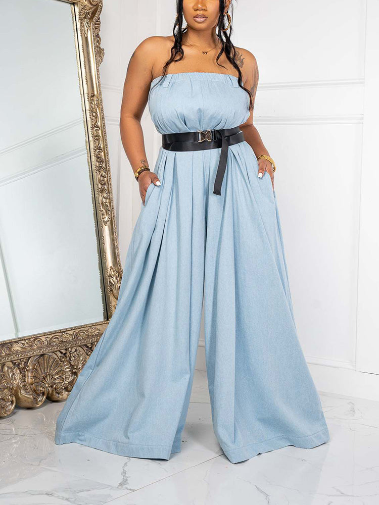 Strapless Loose Jumpsuits With Belt