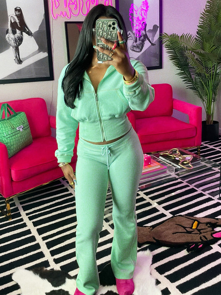 Waffle Jacket  Flare Pants Set
