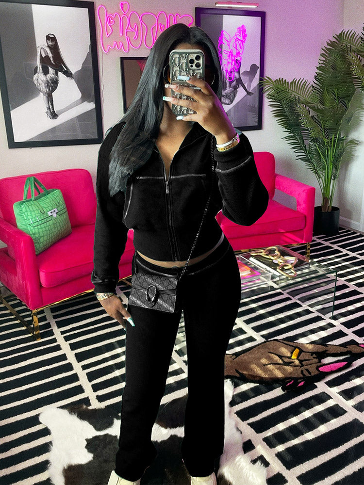 Waffle Jacket  Flare Pants Set