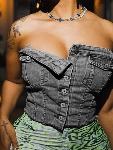 Strapless Button Denim Crop Tops