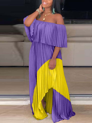 Off Shoulder Ombre Pleated Maxi Dresses