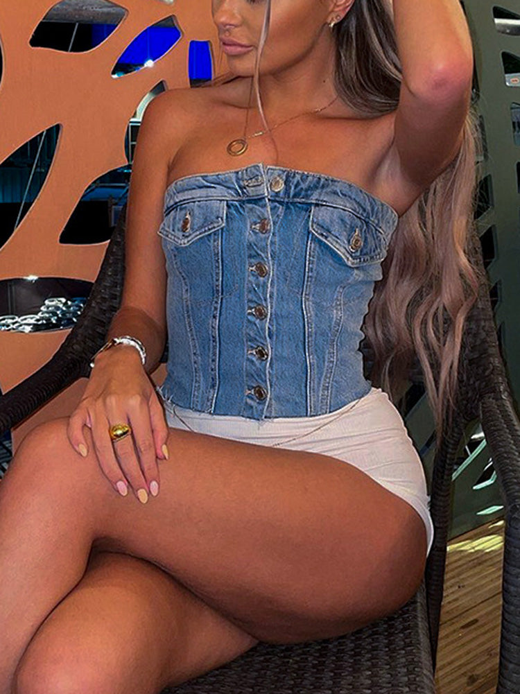 Strapless Button Denim Crop Tops
