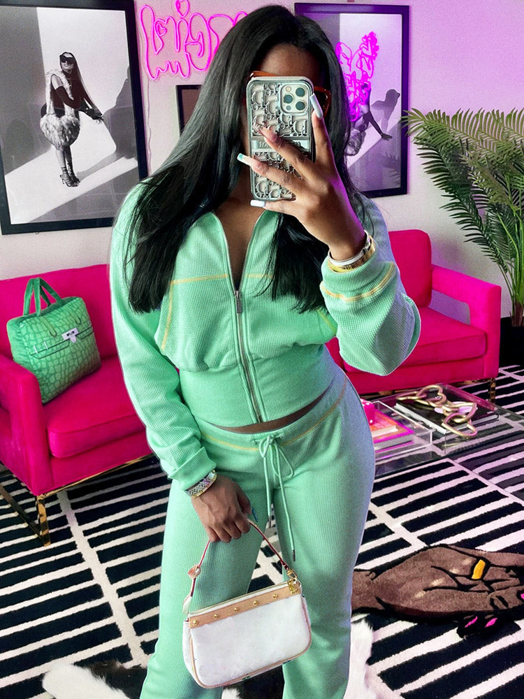 Waffle Jacket  Flare Pants Set