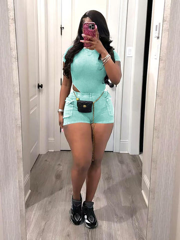 Ribbed Washed Bodysuit Shorts Set