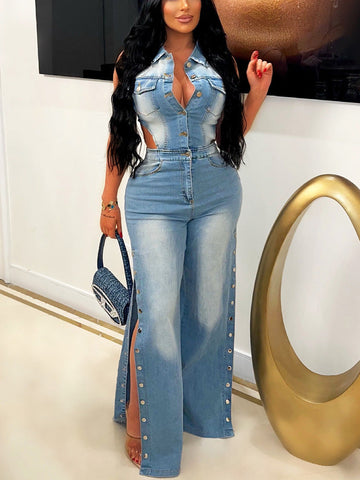 Snap It Out Wide Denim Jumpsuits