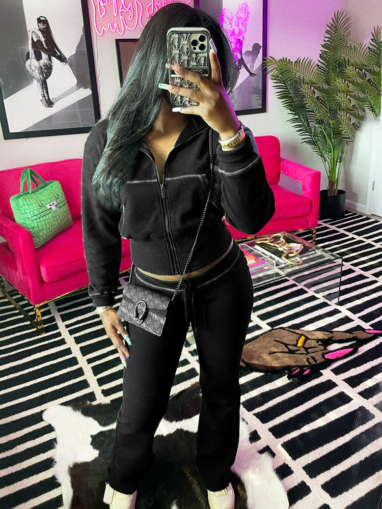 Waffle Jacket  Flare Pants Set
