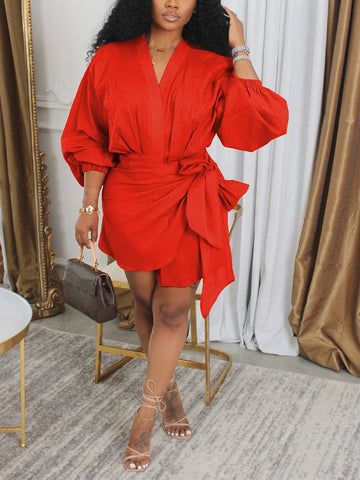Puff Sleeves Wrap Dresses
