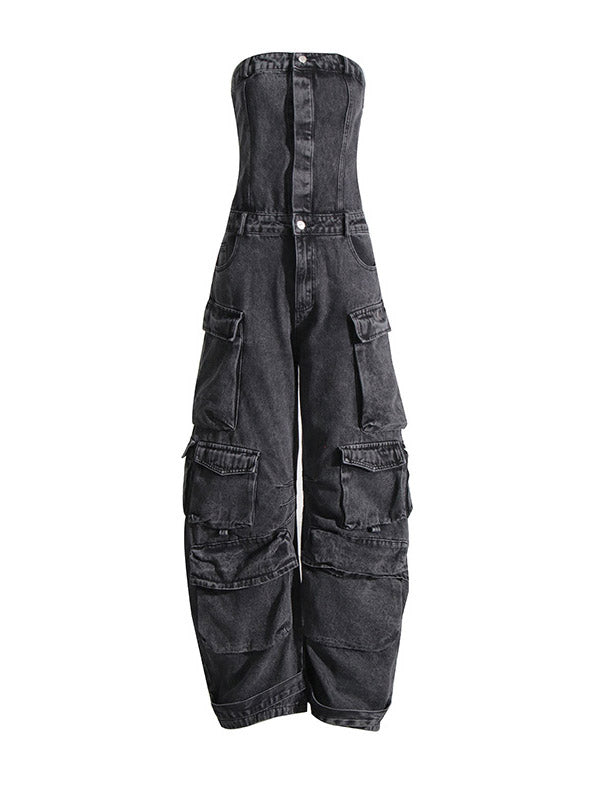Denim Strapless Cargo Jumpsuits