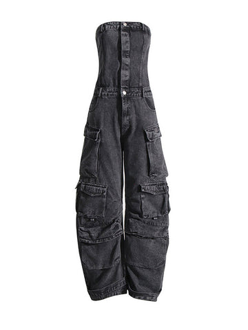 Denim Strapless Cargo Jumpsuits