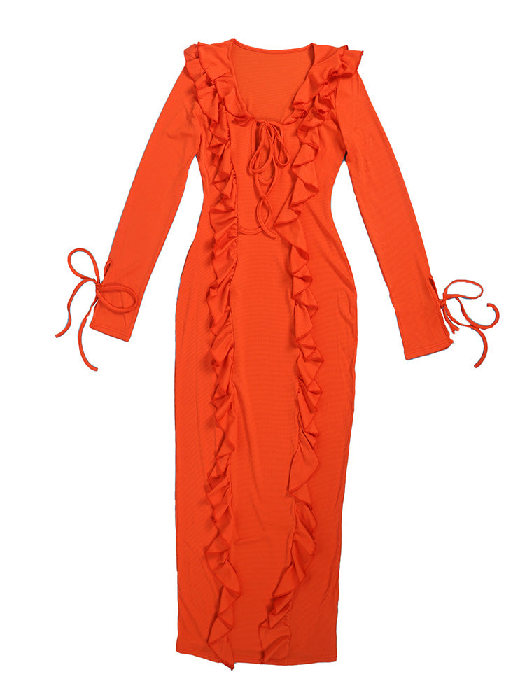 Ruffle Lace-Front Maxi Dresses