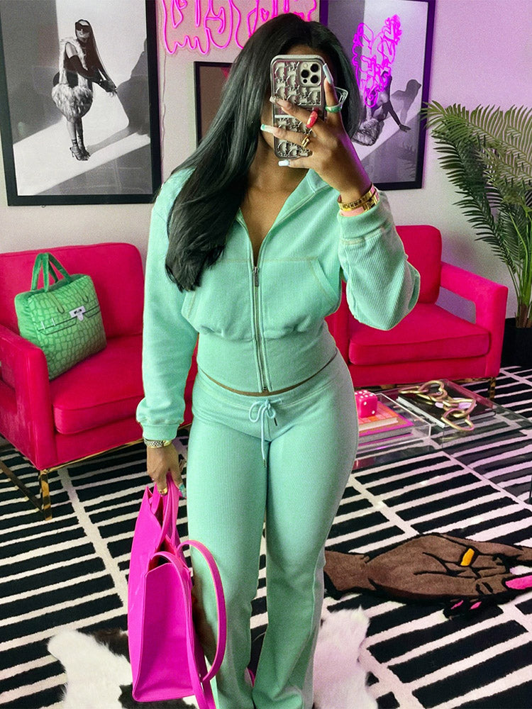 Waffle Jacket  Flare Pants Set
