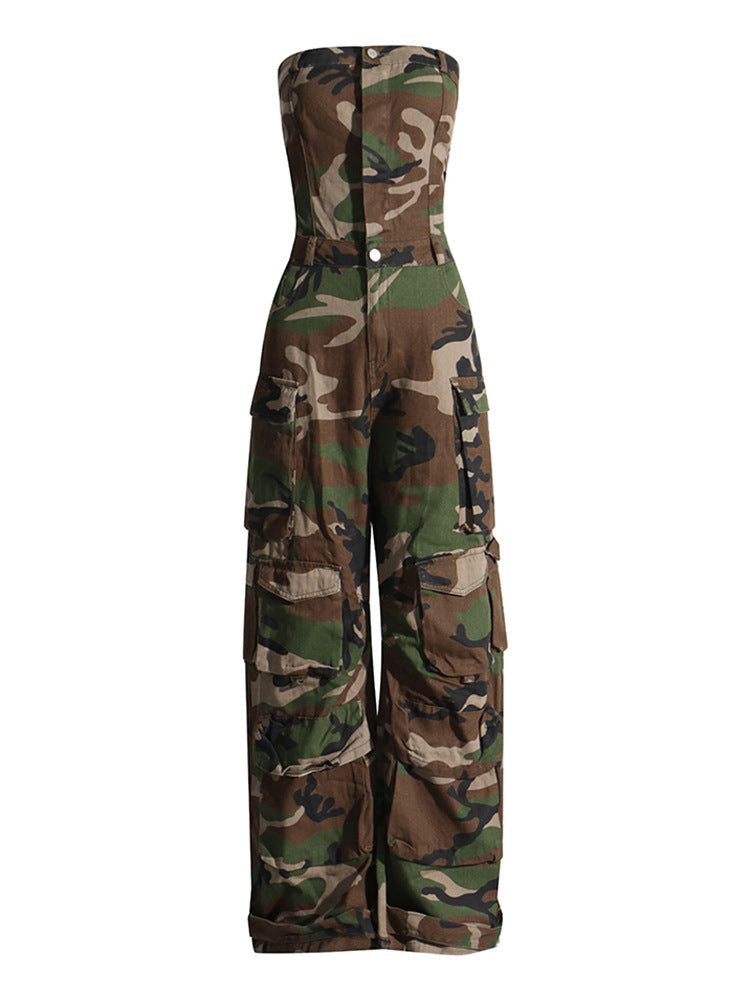 Denim Strapless Cargo Jumpsuits
