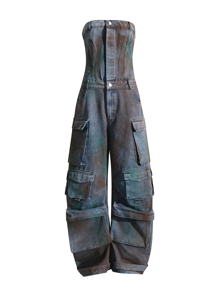 Denim Strapless Cargo Jumpsuits