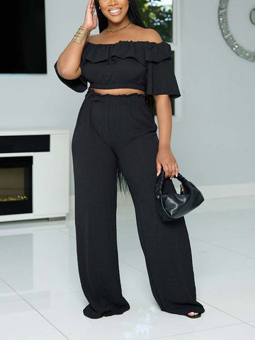 Ruffle Crop Top  Wide Pants Set
