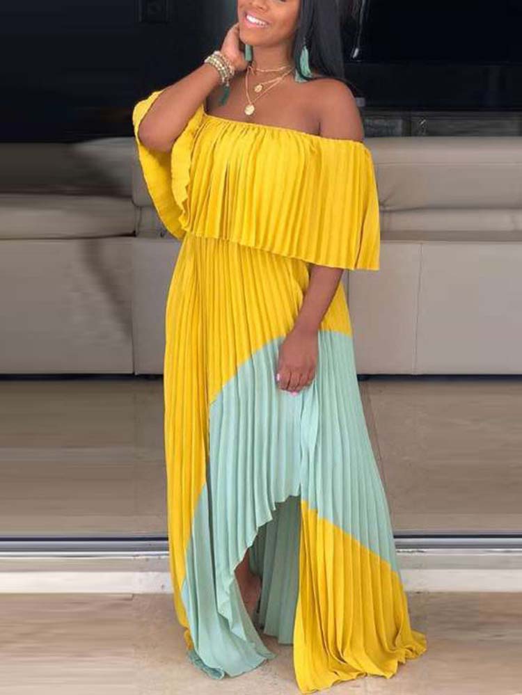 Off Shoulder Ombre Pleated Maxi Dresses