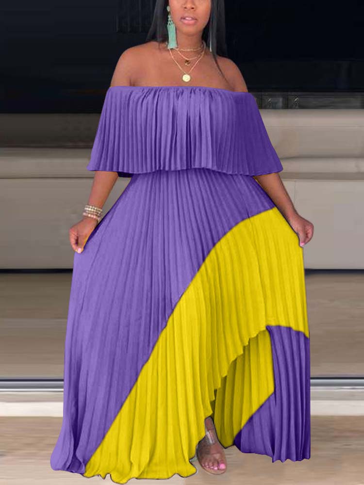 Off Shoulder Ombre Pleated Maxi Dresses