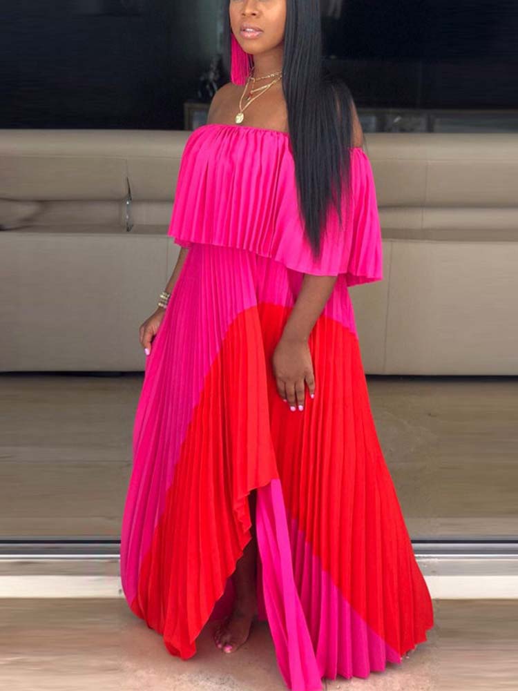 Off Shoulder Ombre Pleated Maxi Dresses