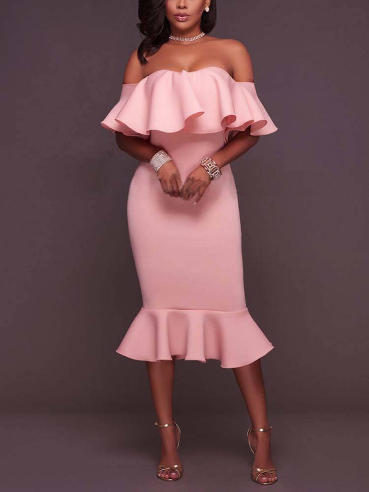 Off  Shoulder Ruffle Bodycon Midi Dresses