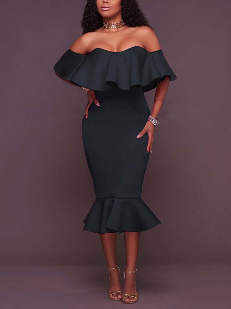 Off  Shoulder Ruffle Bodycon Midi Dresses