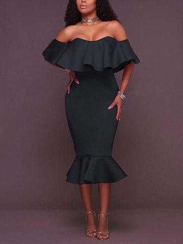 Off  Shoulder Ruffle Bodycon Midi Dresses