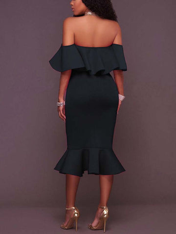 Off  Shoulder Ruffle Bodycon Midi Dresses