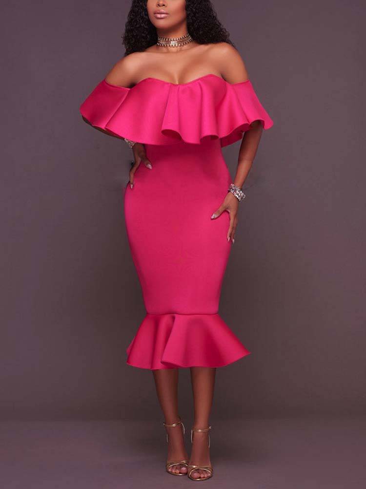 Off  Shoulder Ruffle Bodycon Midi Dresses