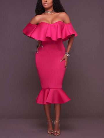Off  Shoulder Ruffle Bodycon Midi Dresses