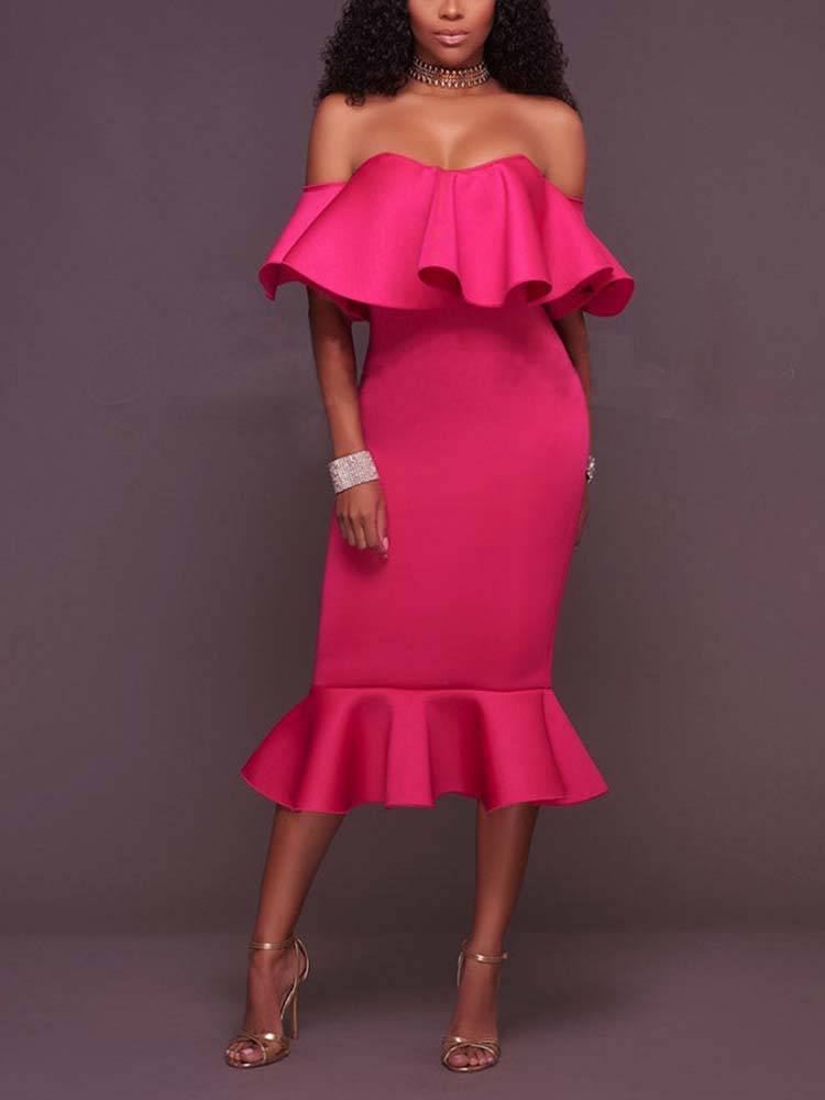 Off  Shoulder Ruffle Bodycon Midi Dresses