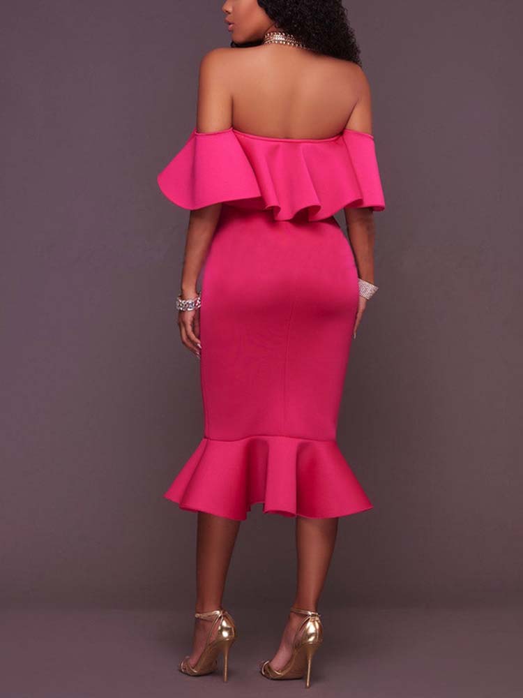 Off  Shoulder Ruffle Bodycon Midi Dresses