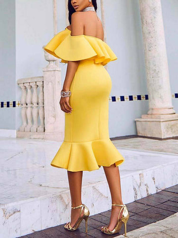 Off  Shoulder Ruffle Bodycon Midi Dresses